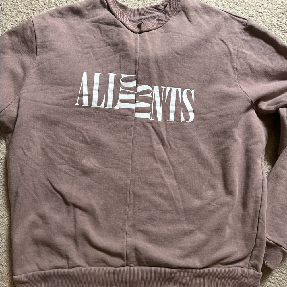 All Saints Cream and Pink Crewneck Sweater with Modern Text